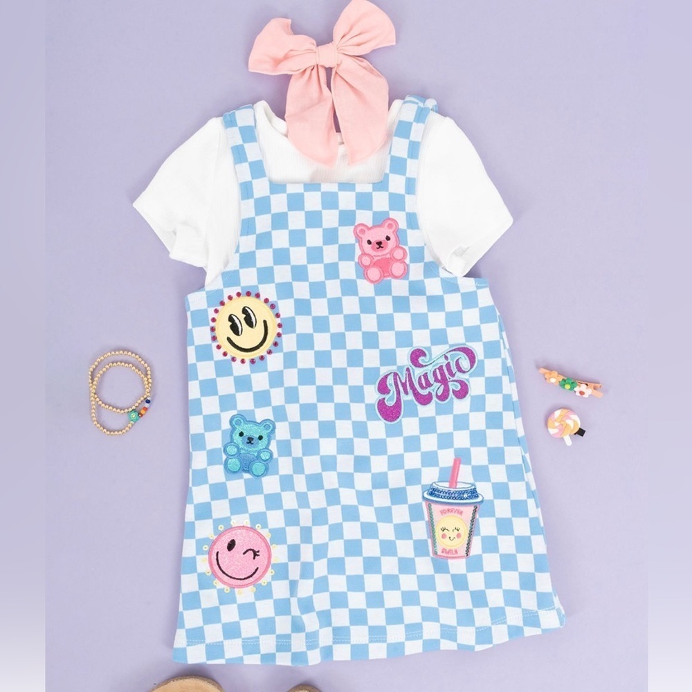Rare Editions Girls Blue & White Checkered Jumper Dress with Patches | Size 6X